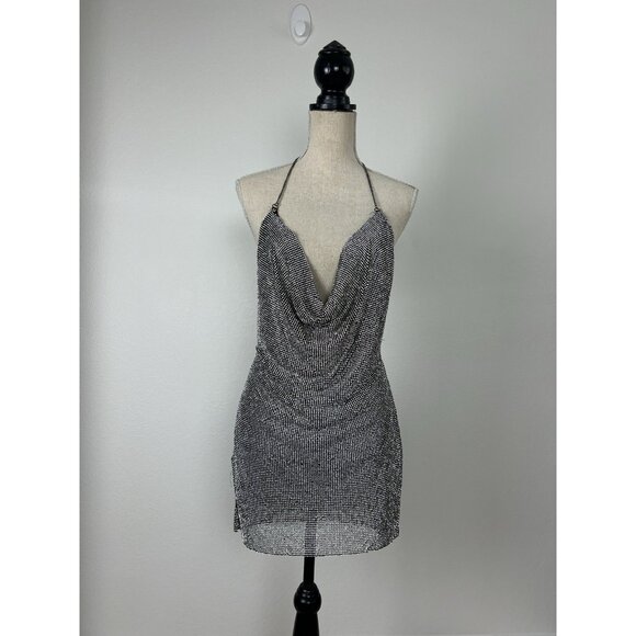 Rhinestone Chainmail Side Slit Sexy Mini Dress Silver & Black Party Size S/M - Picture 4 of 16